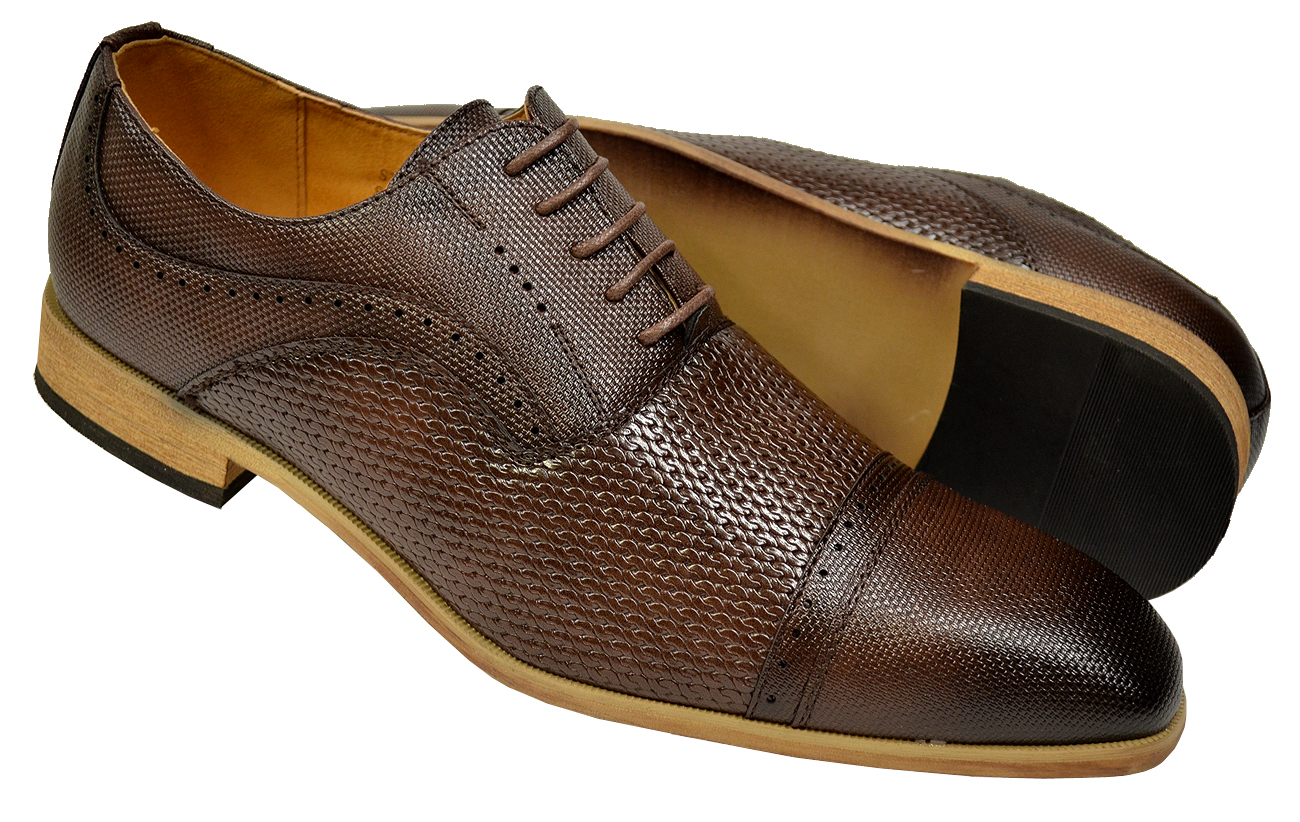 Antonio Cerrelli Brown Woven / Pebbled Vegan Leather Cap Toe Oxford Shoes 6875